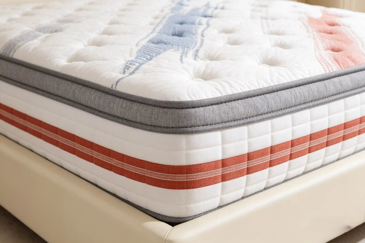 Mattress with striped cover on a bed
