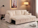 A cream-colored convertible sofa bed with vertical ribbed fabric, styled in a warm, modern living room setting with a floor lamp, wall art, and curtains.