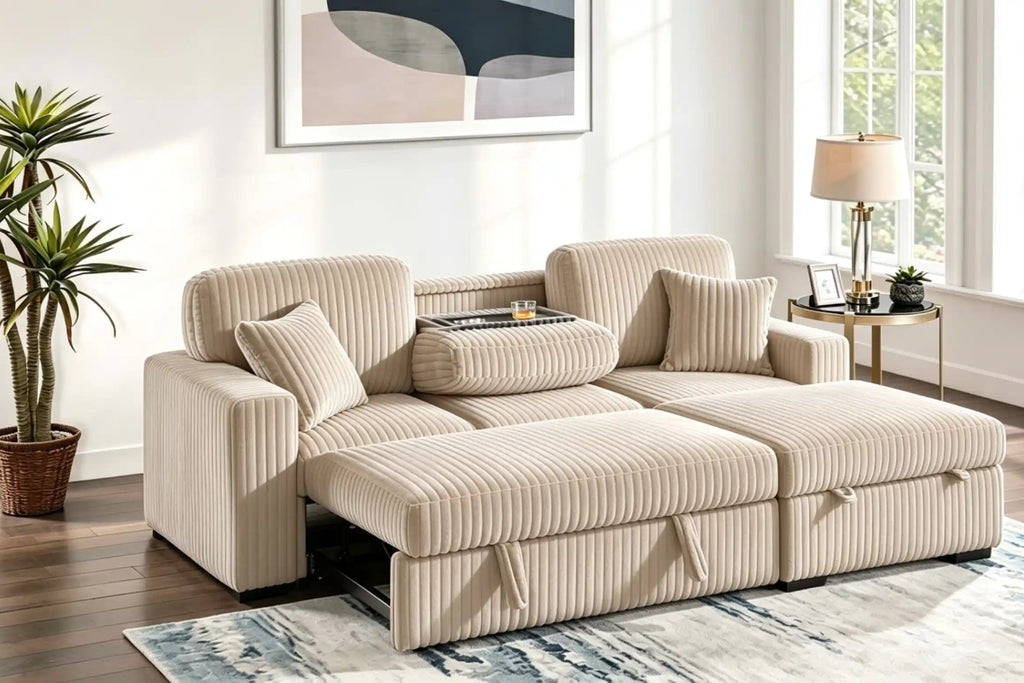 Beige sectional sofa in a living room with a plant and artwork on the wall.
