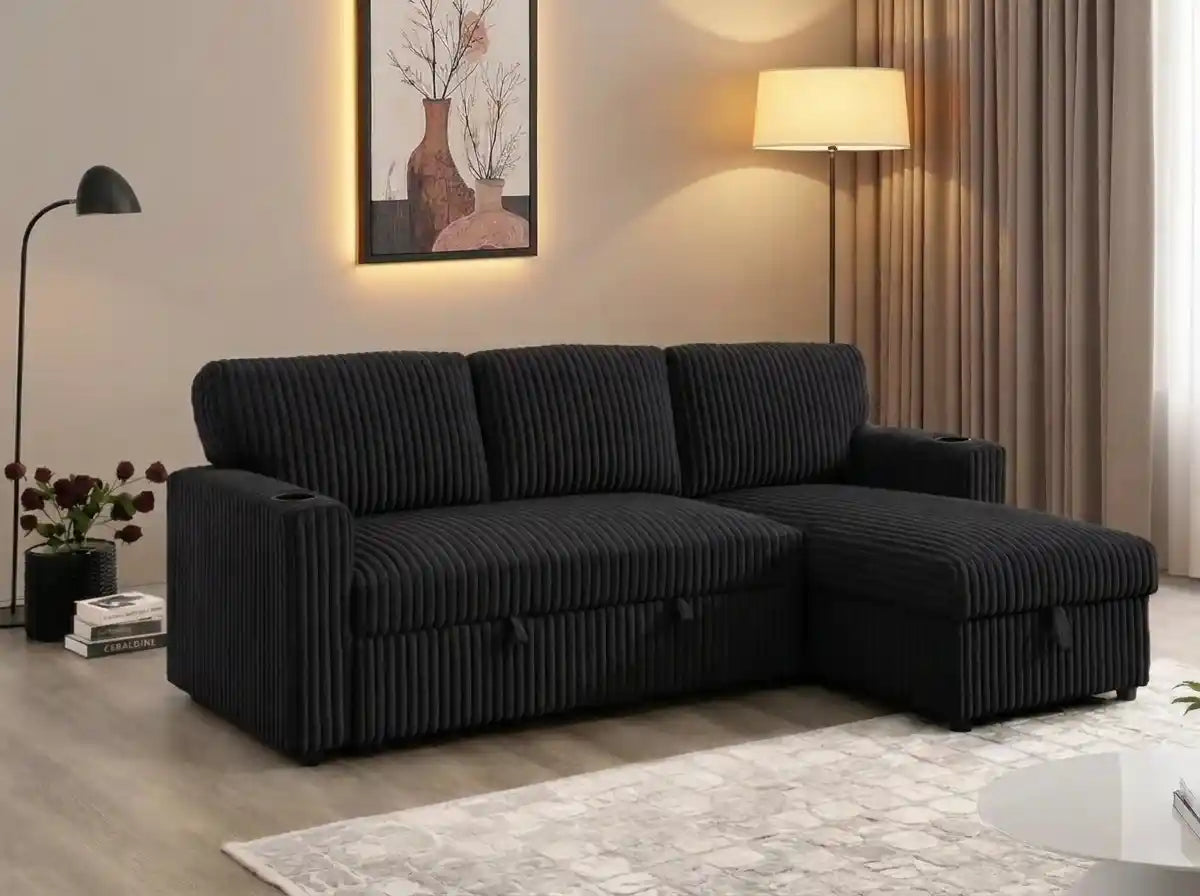Corduroy Convertible Sofa Bed with Cup Holders – Plush Ribbed Fabric Sleeper Couch with Storage
