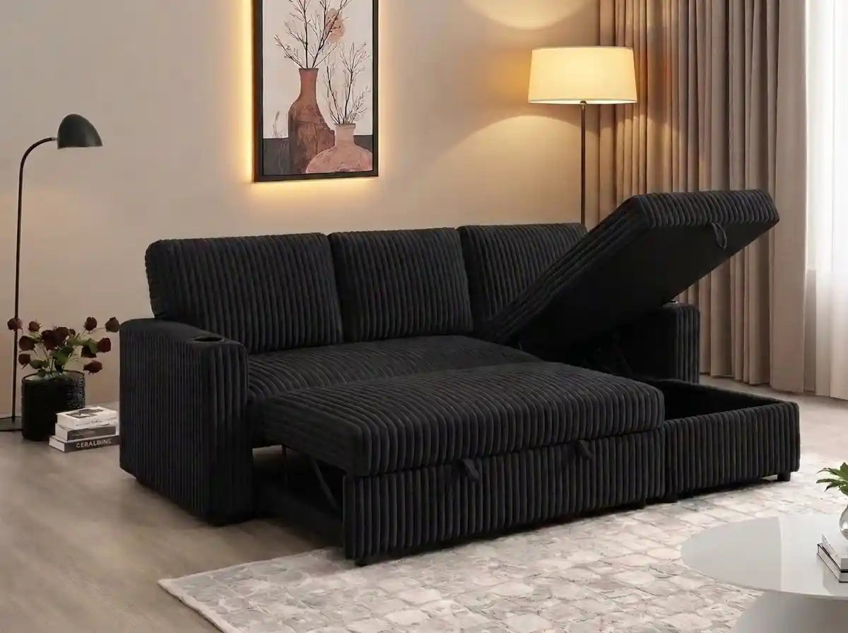 Corduroy Convertible Sofa Bed with Cup Holders – Plush Ribbed Fabric Sleeper Couch with Storage