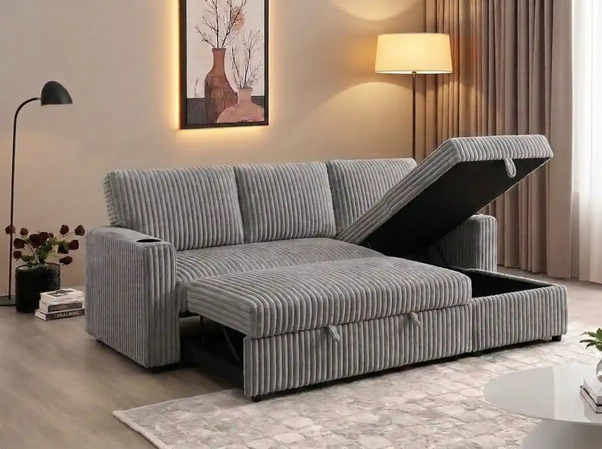 Corduroy 3 seater Grey Pullout Sofa bed