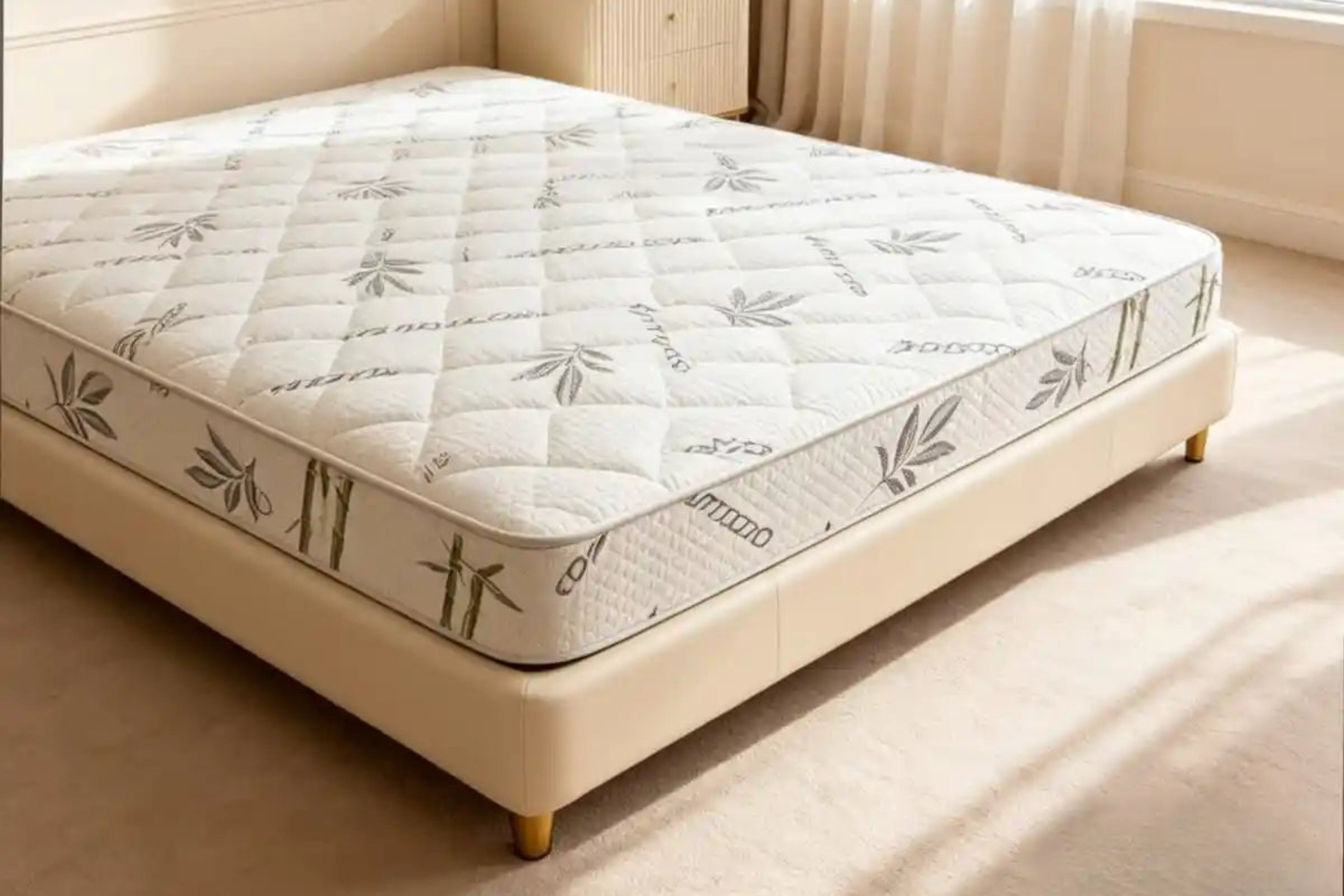 Mattress on a bed in a bright bedroom with a lamp and window.