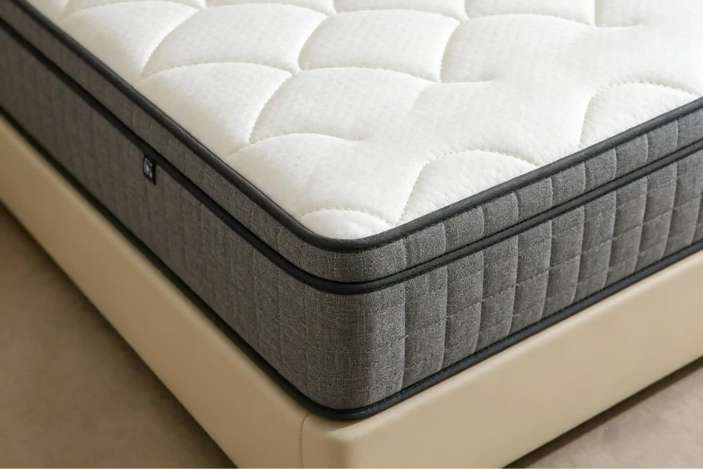 Close-up of a mattress with quilted design and brand logo on a beige bed frame.