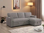 A gray and white vertically striped sectional sofa with a chaise lounge, shown in a modern living room setting with a floor lamp, wall art, and curtains.