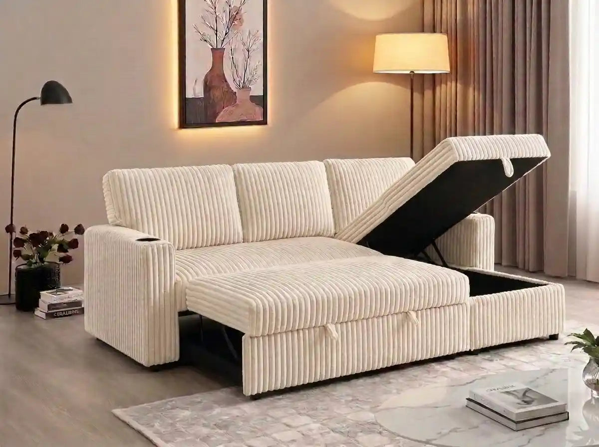 Corduroy Convertible Sofa Bed with Cup Holders – Plush Ribbed Fabric Sleeper Couch with Storage