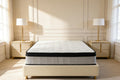 Mattress on a bed in a well-lit bedroom with decorative wall panels and lamps.