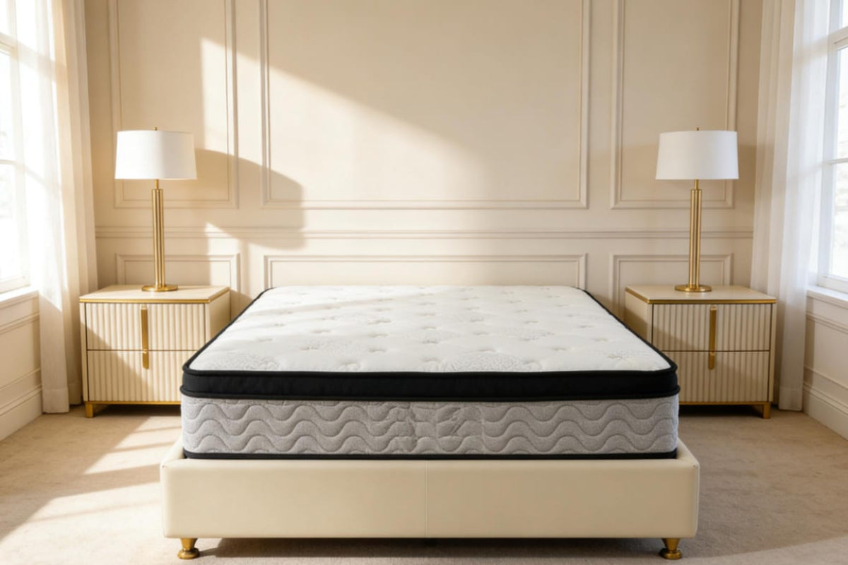 Mattress on a bed in a well-lit bedroom with decorative wall panels and lamps.
