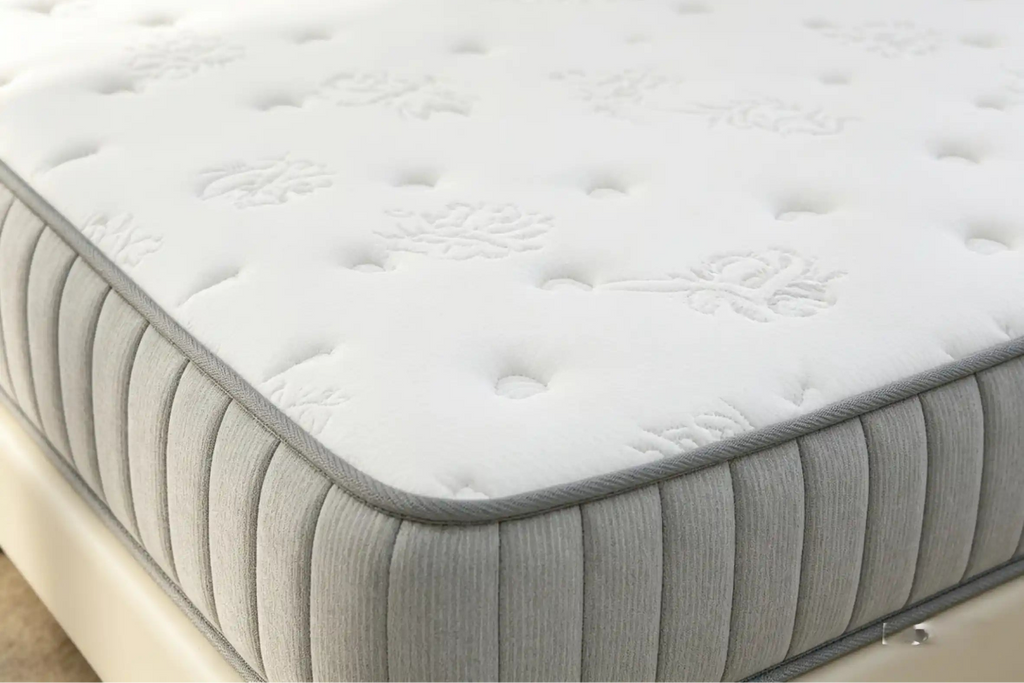 Gray and white mattress with brand logo on a plain background