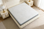 Mattress on a bed in a bedroom setting with nightstands and lamps.