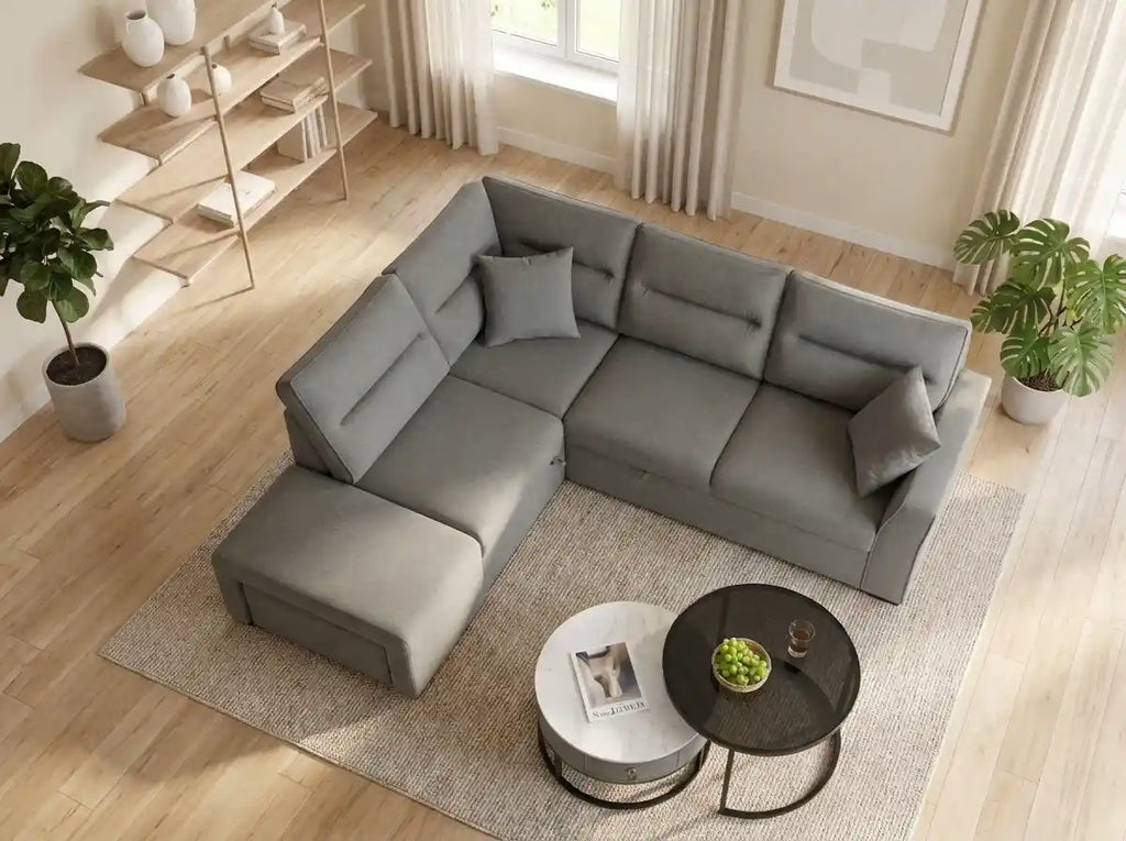 5-Seater L-Shape Sofa Bed – Plush Fabric, Hidden Storage & 2 Ottomans