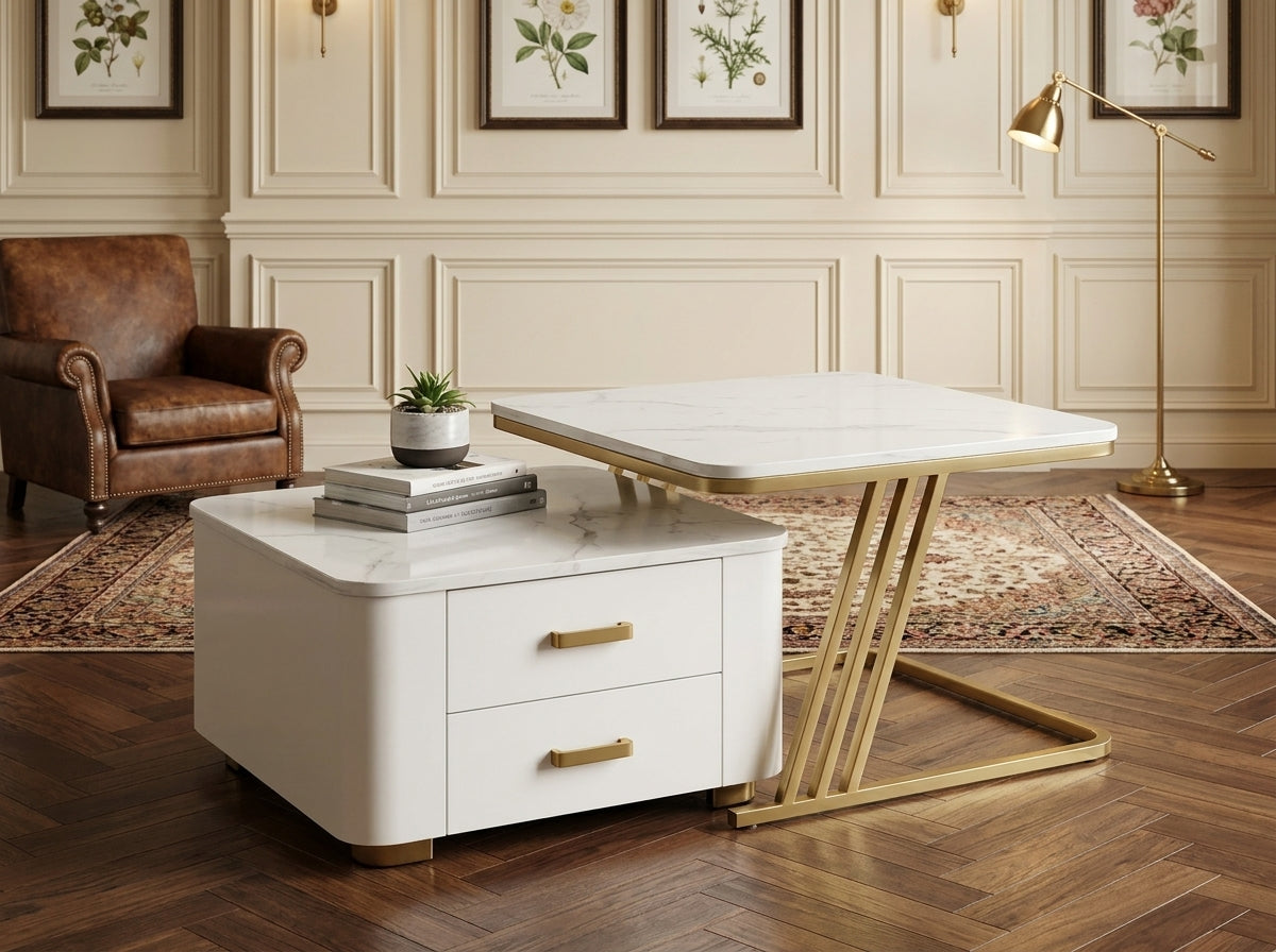 Modern Luxury Nesting Coffee Table Set – Marble Top & Gold Frame