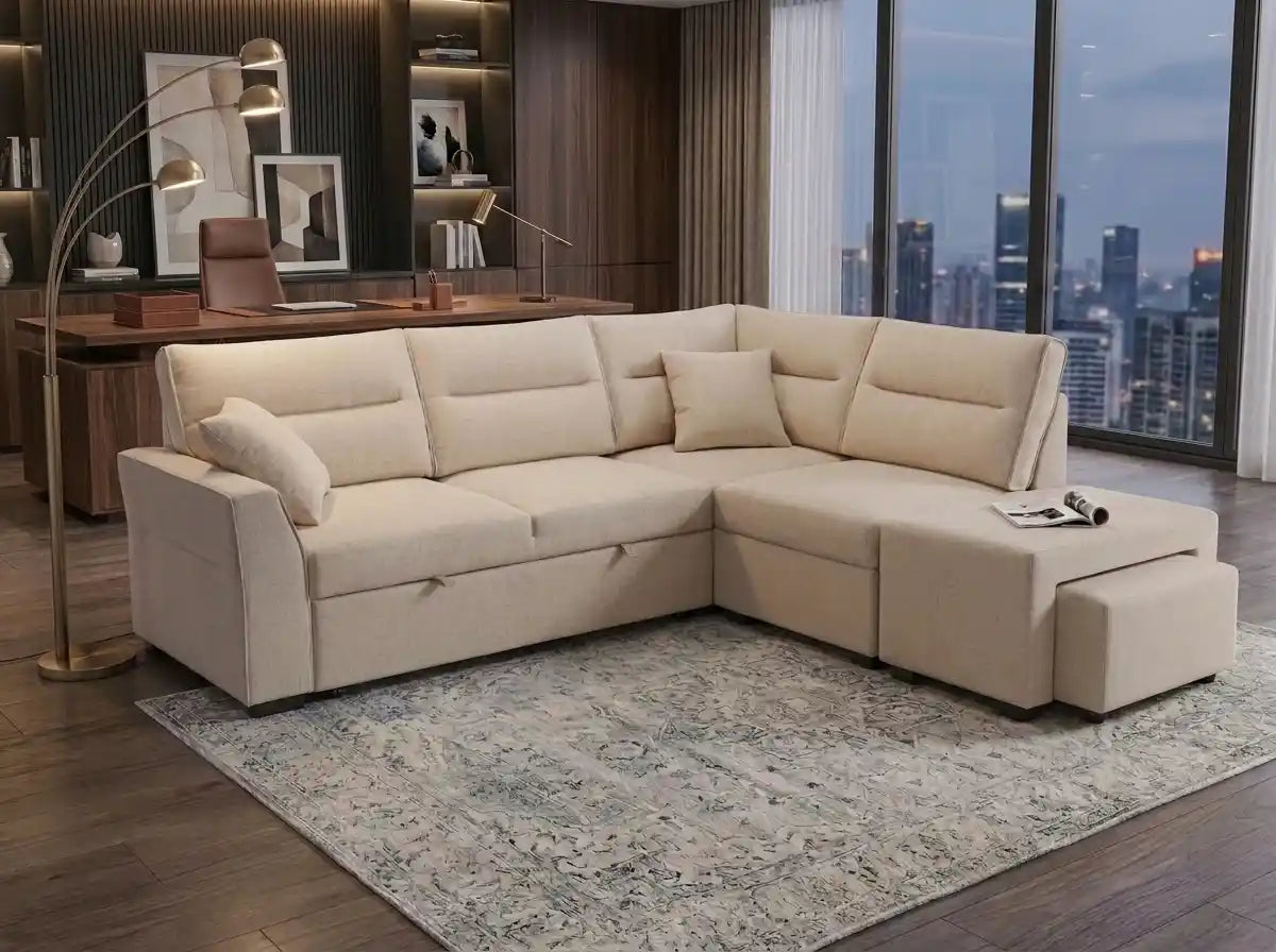 5-Seater L-Shape Sofa Bed – Plush Fabric, Hidden Storage & 2 Ottomans