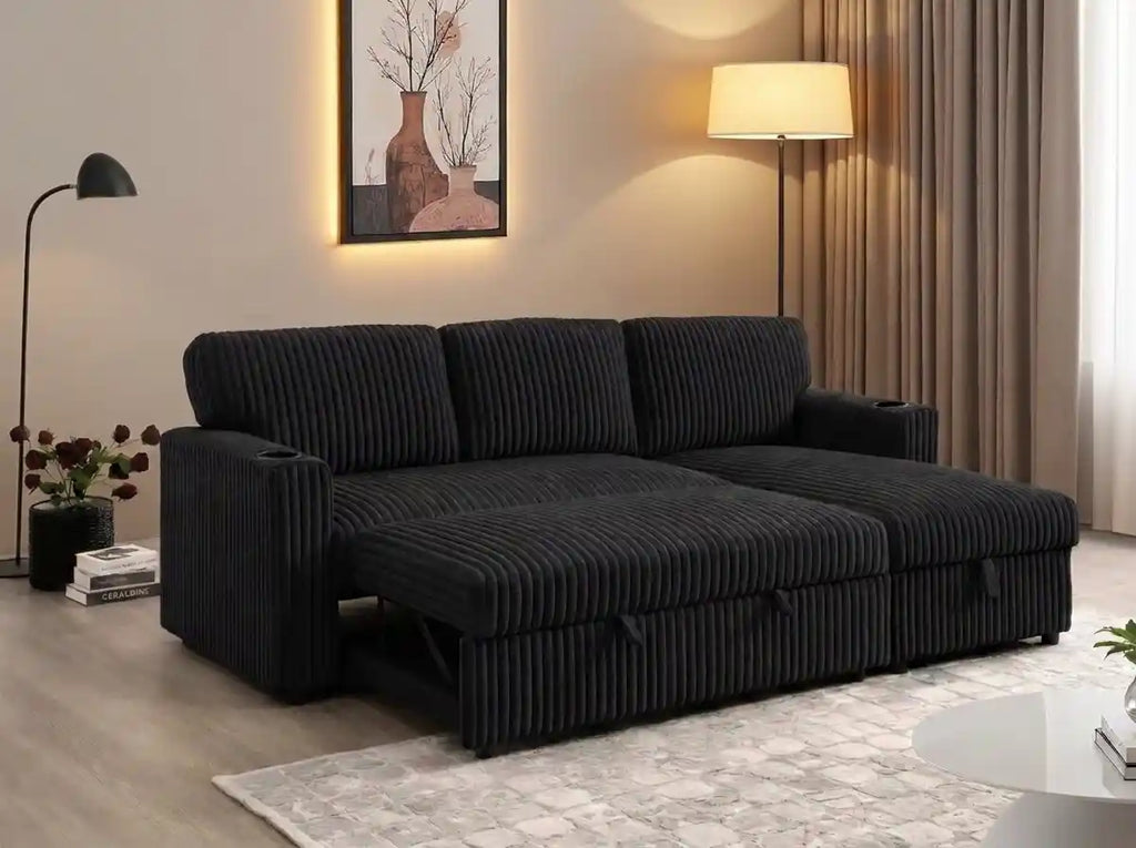 Corduroy Convertible Sofa Bed with Cup Holders – Plush Ribbed Fabric Sleeper Couch with Storage