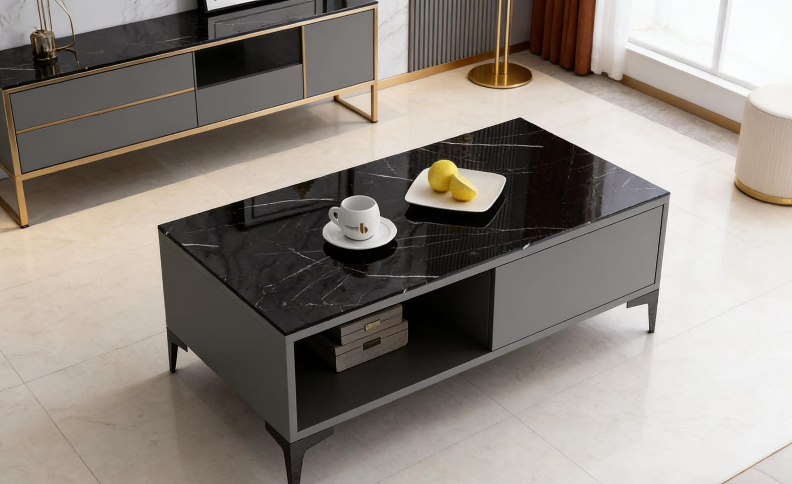 The Onyx Slate Modern Coffee Table – Black Marble Surface with Storage
