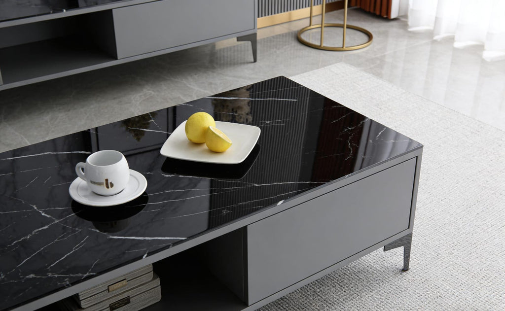 The Onyx Slate Modern Coffee Table – Black Marble Surface with Storage