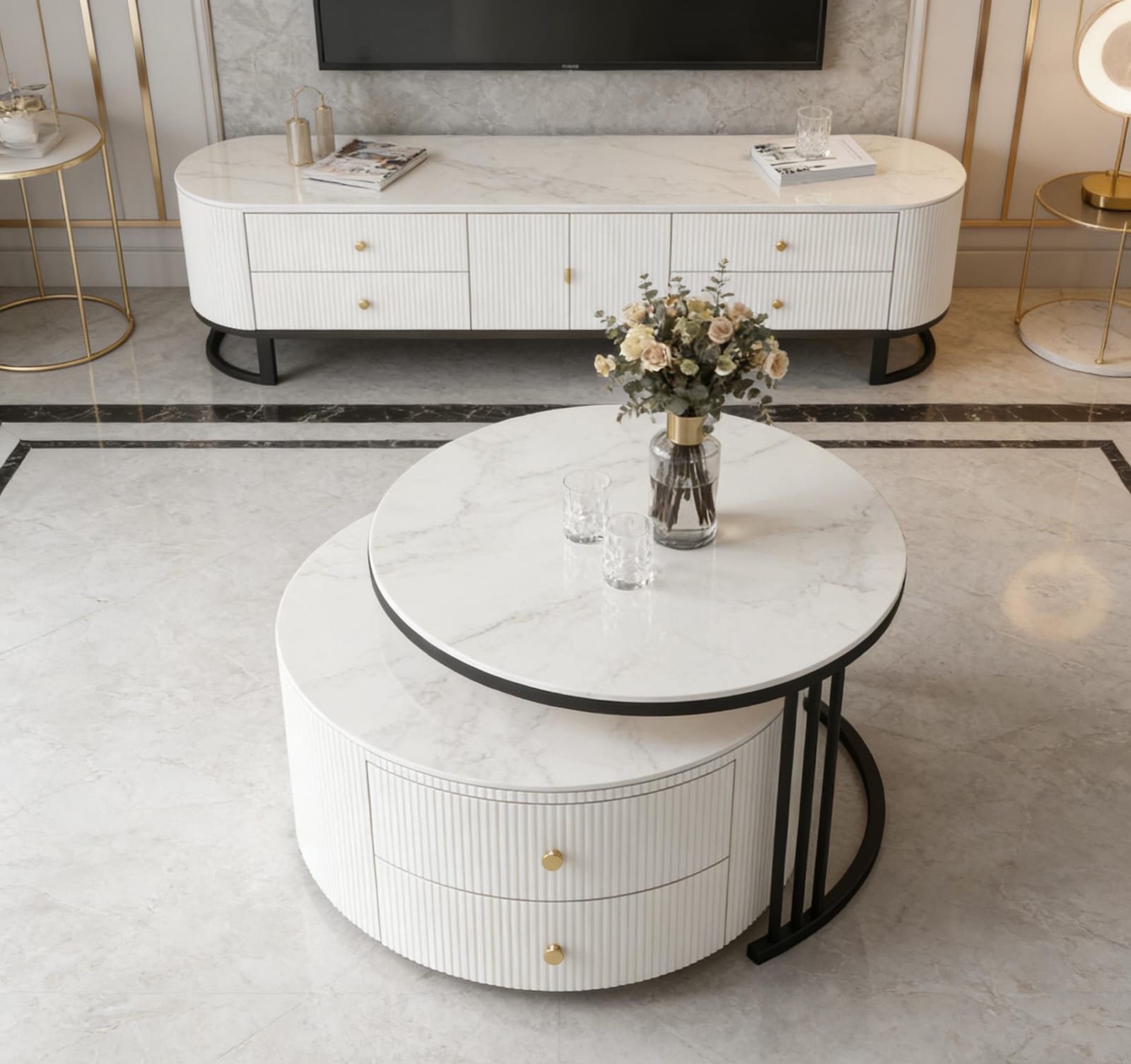 The Alpine Nested Marble Coffee Table Set with Storage Drawer