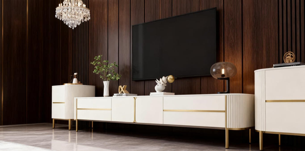 The Royal Alpine TV Console Set – Pearl White with Brushed Gold Accents