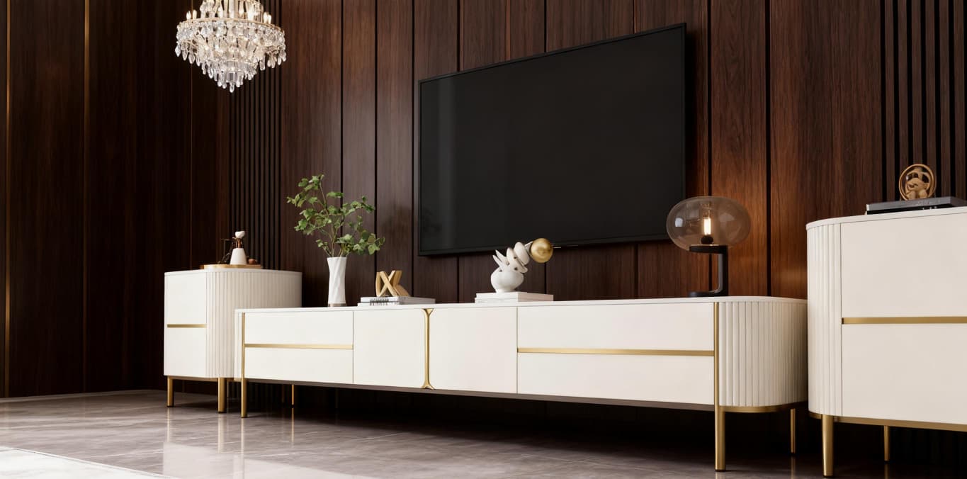 The Royal Alpine TV Console Set – Pearl White with Brushed Gold Accents