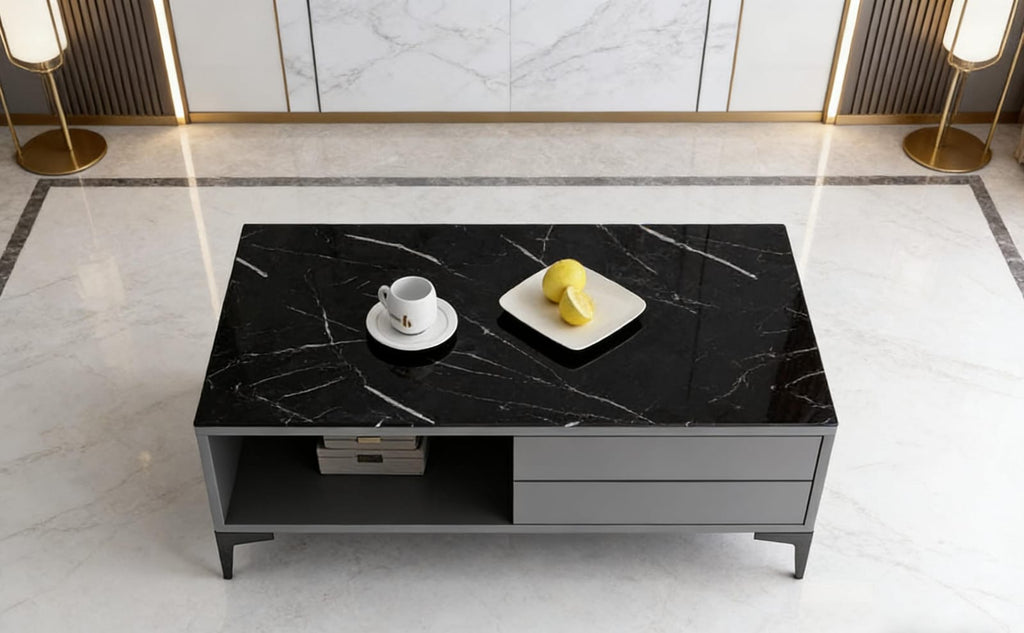 The Onyx Slate Modern Coffee Table – Black Marble Surface with Storage