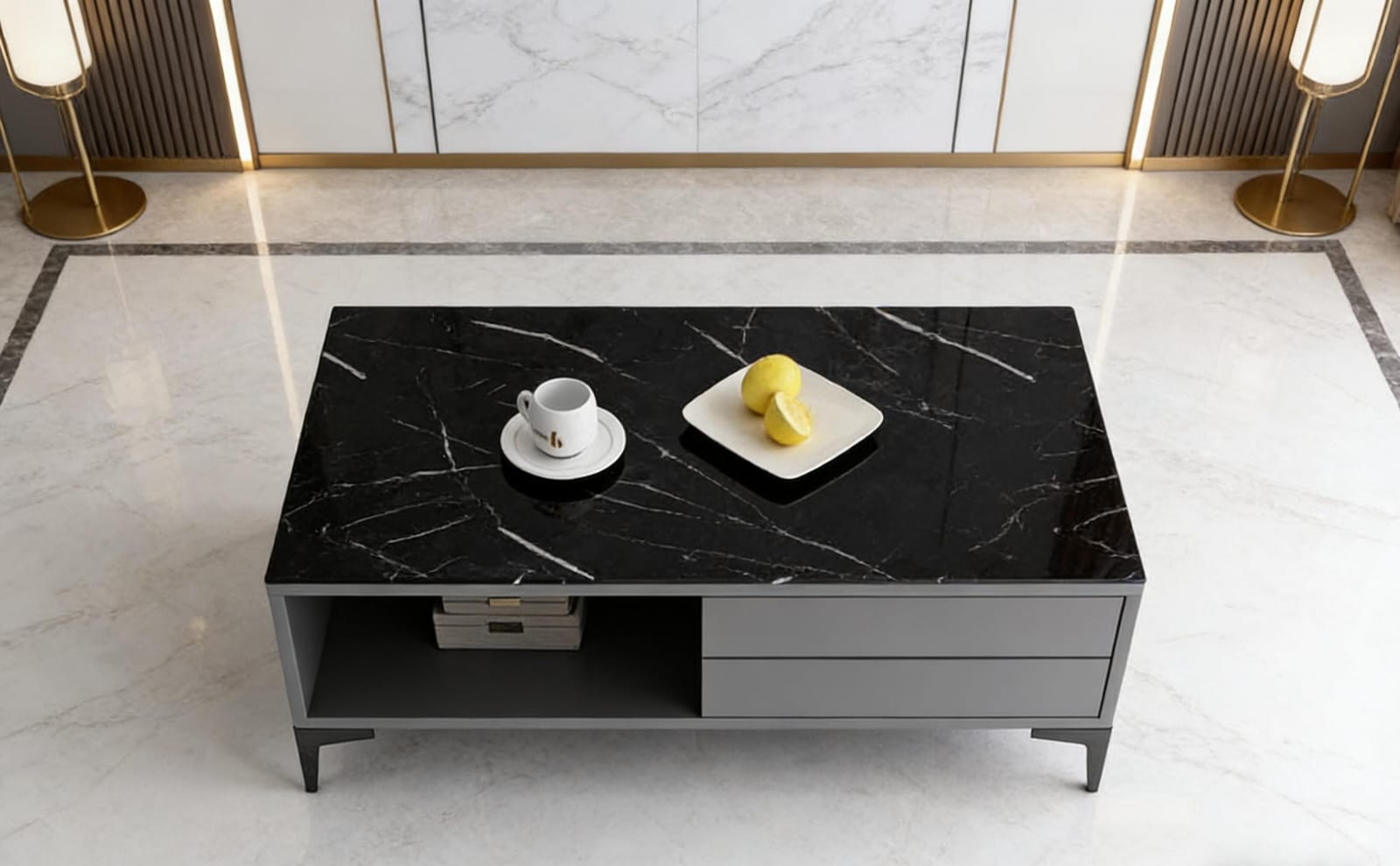 The Onyx Slate Modern Coffee Table – Black Marble Surface with Storage
