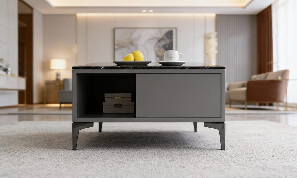 The Onyx Slate Modern Coffee Table – Black Marble Surface with Storage