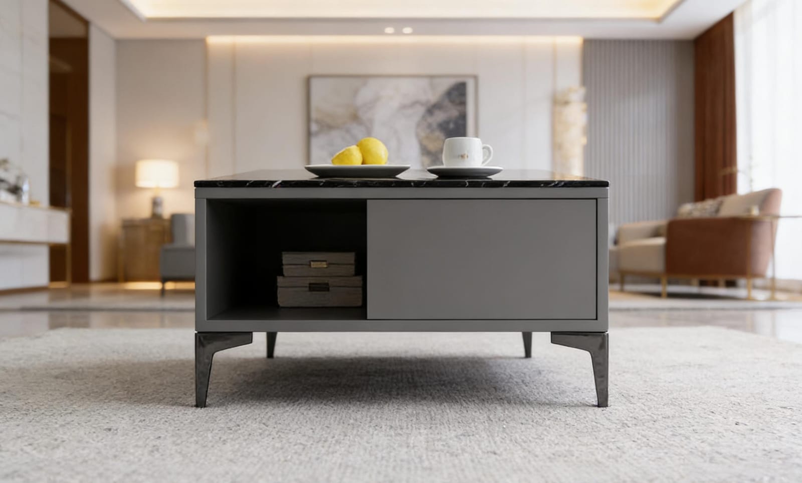 The Onyx Slate Modern Coffee Table – Black Marble Surface with Storage