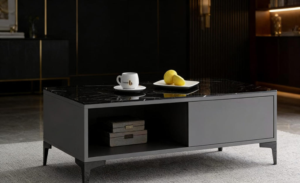 The Onyx Slate Modern Coffee Table – Black Marble Surface with Storage