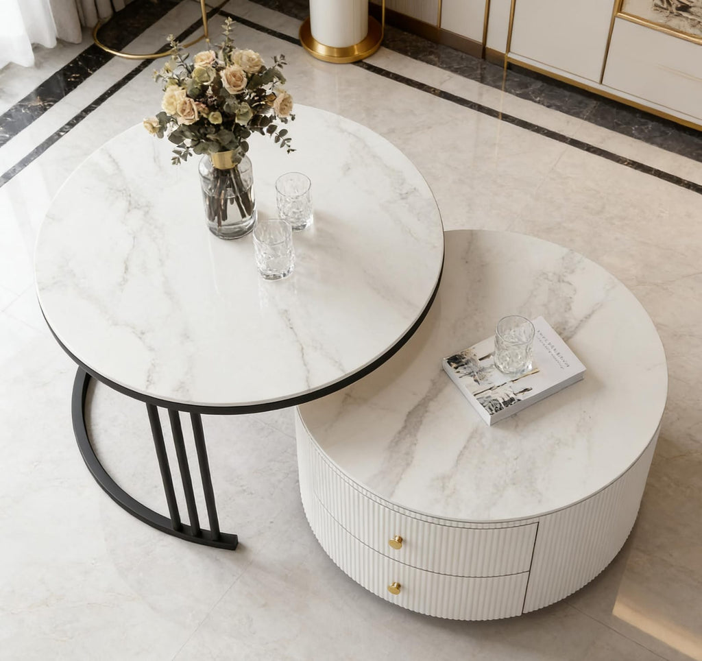 The Alpine Nested Marble Coffee Table Set with Storage Drawer