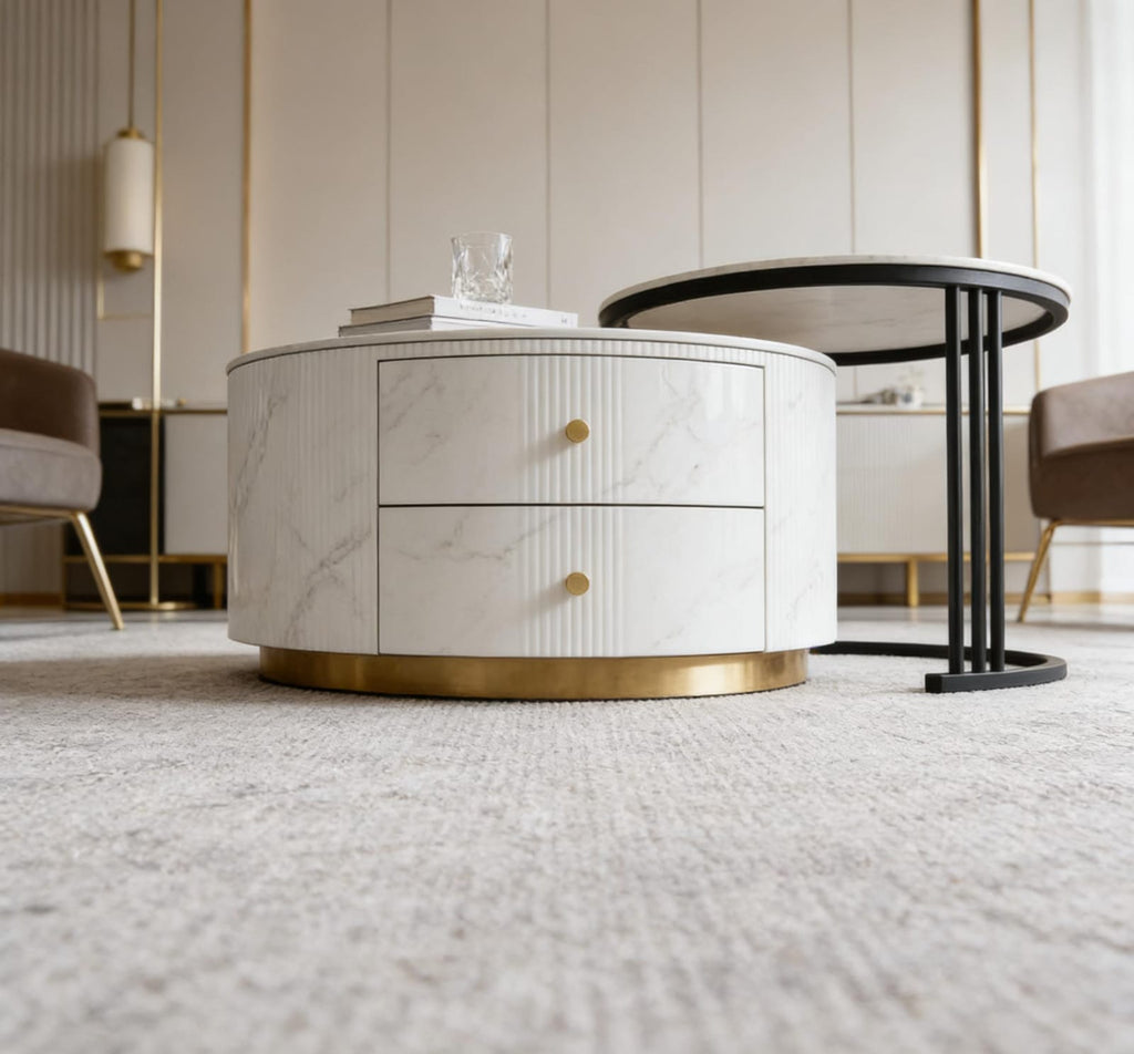 The Alpine Nested Marble Coffee Table Set with Storage Drawer