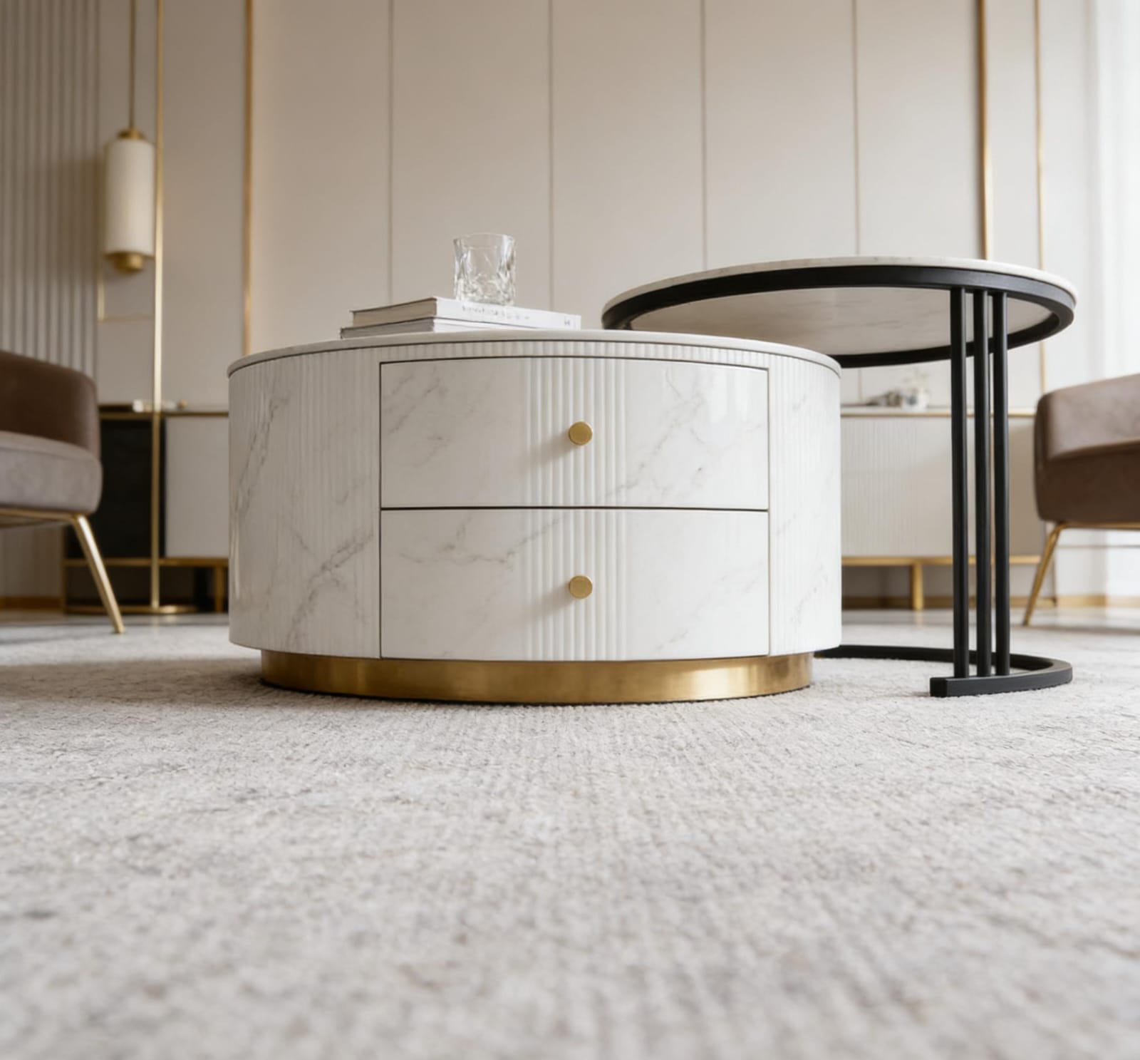 The Alpine Nested Marble Coffee Table Set with Storage Drawer