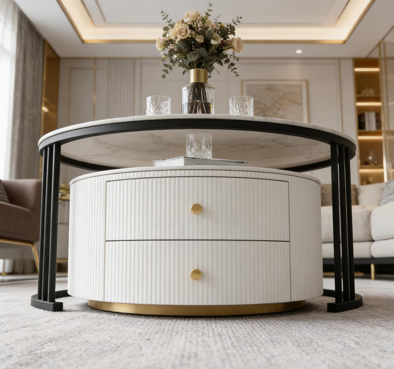 The Alpine Nested Marble Coffee Table Set with Storage Drawer