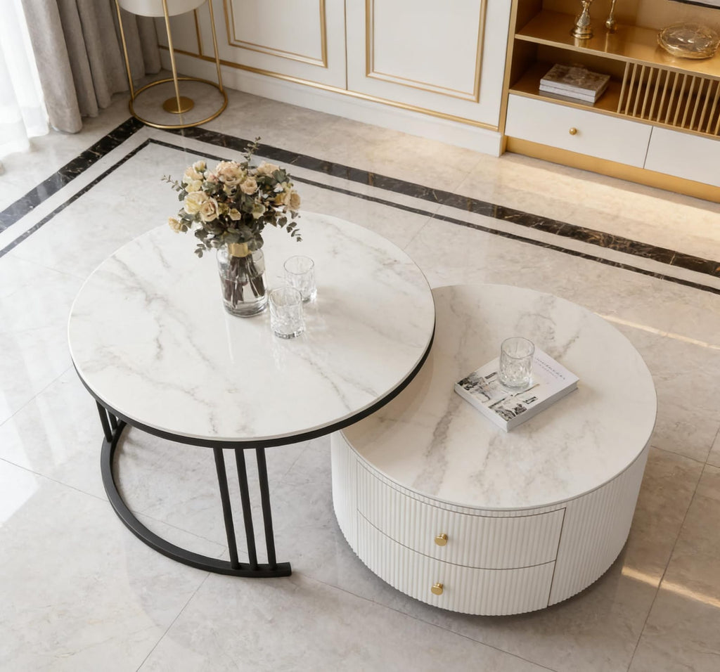 The Alpine Nested Marble Coffee Table Set with Storage Drawer