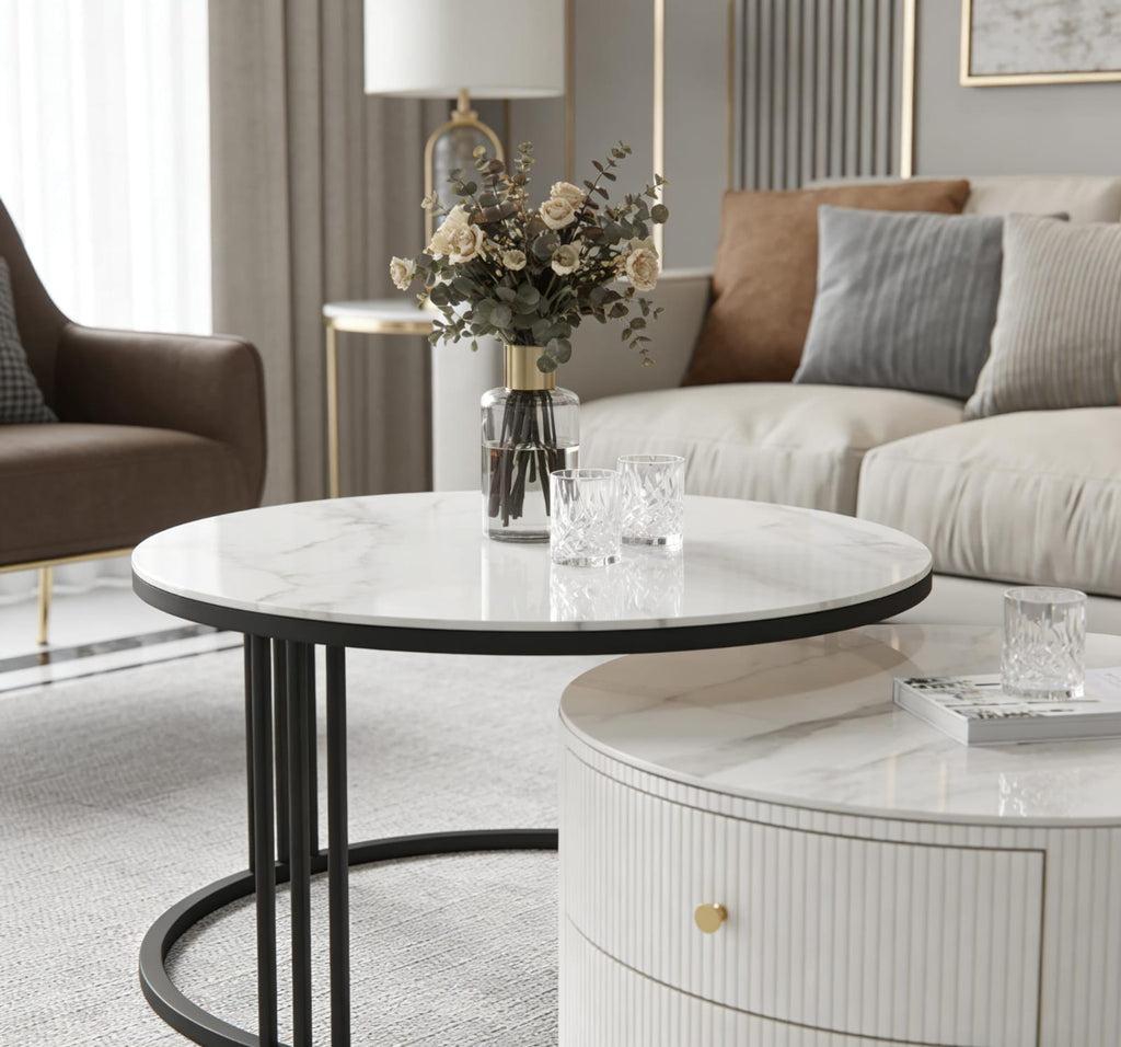 The Alpine Nested Marble Coffee Table Set with Storage Drawer