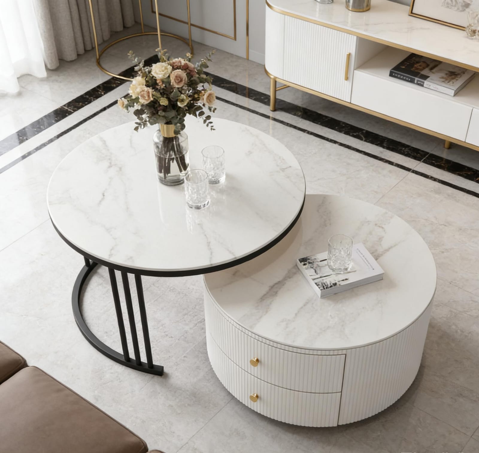 The Alpine Nested Marble Coffee Table Set with Storage Drawer
