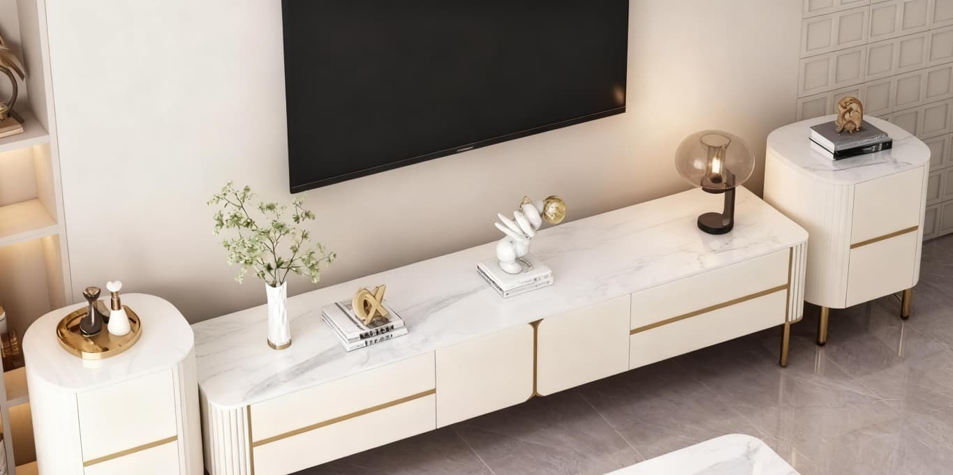 The Royal Alpine TV Console Set – Pearl White with Brushed Gold Accents