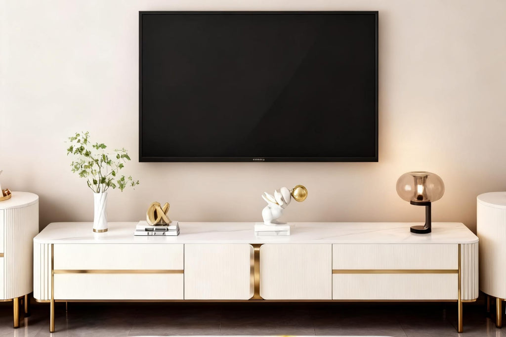 The Royal Alpine TV Console Set – Pearl White with Brushed Gold Accents