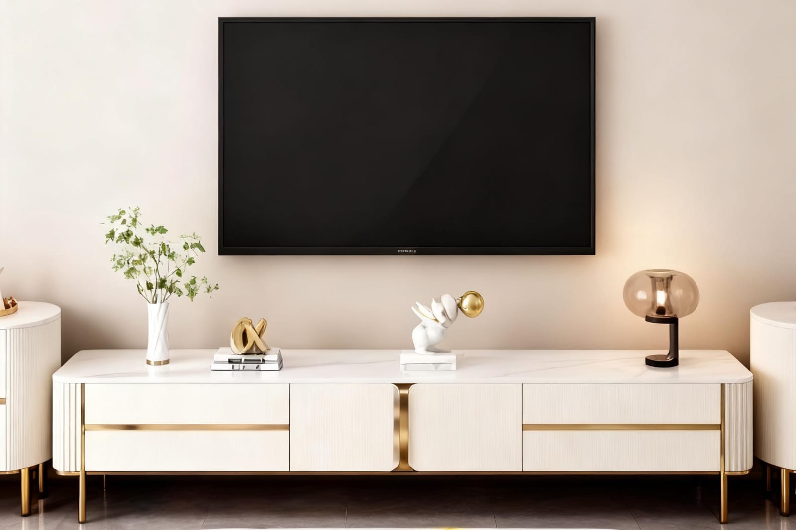 The Royal Alpine TV Console Set – Pearl White with Brushed Gold Accents
