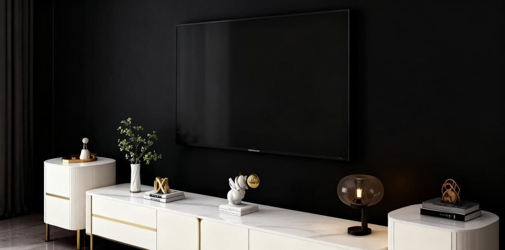 The Royal Alpine TV Console Set – Pearl White with Brushed Gold Accents