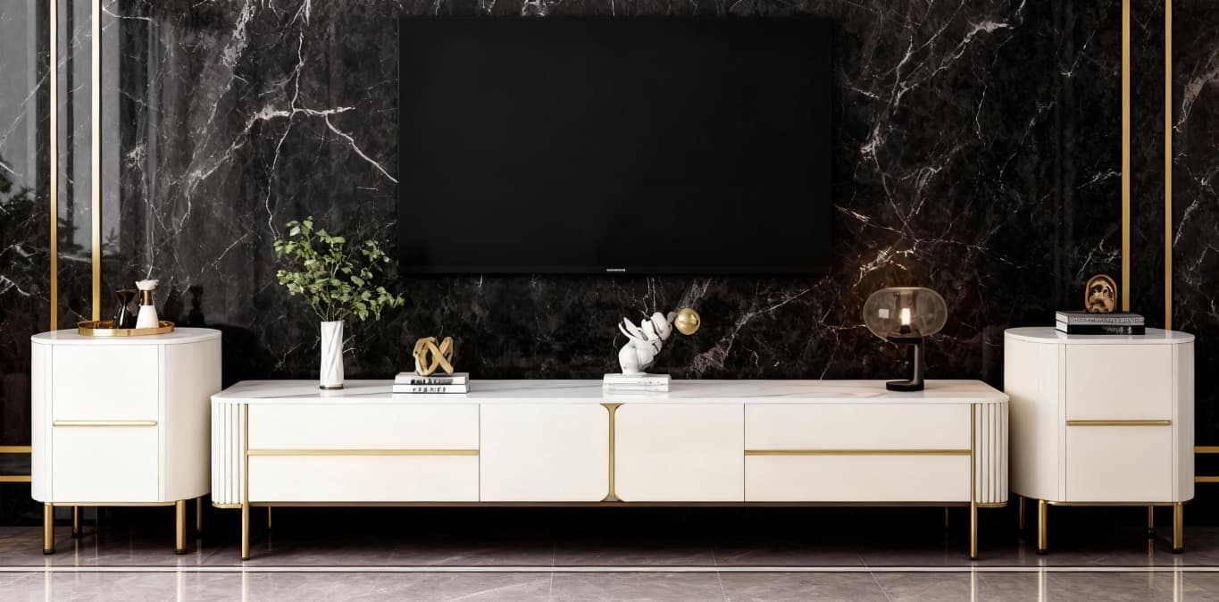 The Royal Alpine TV Console Set – Pearl White with Brushed Gold Accents
