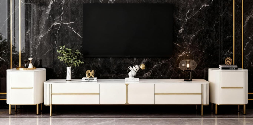 The Royal Alpine TV Console Set – Pearl White with Brushed Gold Accents