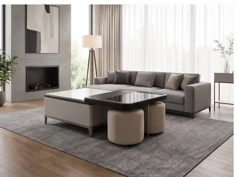 Metro Modern Transforming Coffee Table Set – Faux Marble, Tempered Glass & Storage Poufs