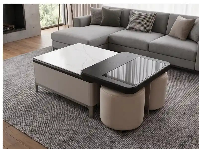 Metro Modern Transforming Coffee Table Set – Faux Marble, Tempered Glass & Storage Poufs