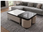 Metro Modern Transforming Coffee Table Set – Faux Marble, Tempered Glass & Storage Poufs