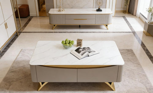 Luxe-Gold Marble Centerpiece Coffee Table – Dual Drawer Storage
